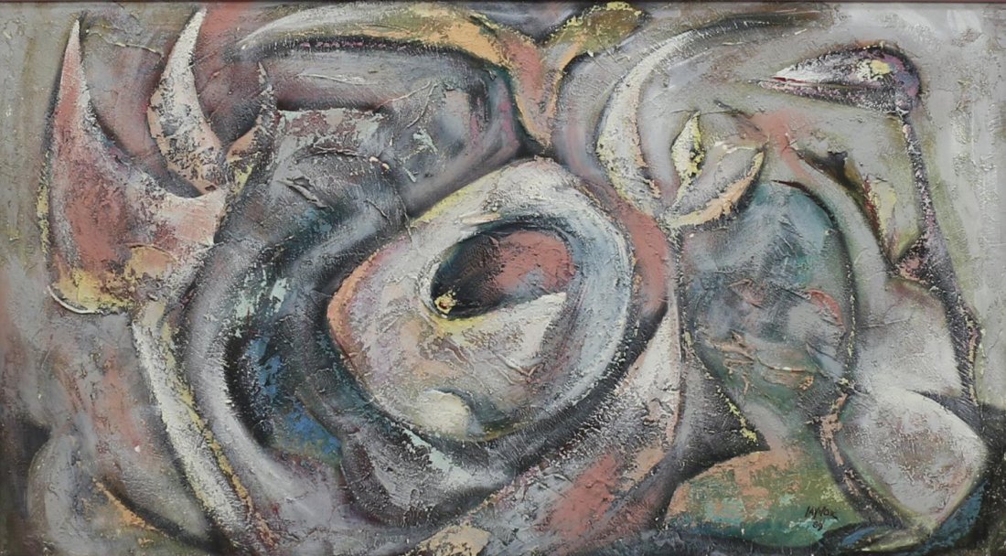 HAROLD A. LAYNOR, ABSTRACT, TEXTURED PAINTING: Framed textured painting on canvas, Abstract Design, signed Laynor (Harold A. Laynor, New York, 1922 - 1991) and dated 1989 lower right, sight: 27.75"h, 49"w, overall: 28.5"h, 50.5"w, 8lbs Start Price