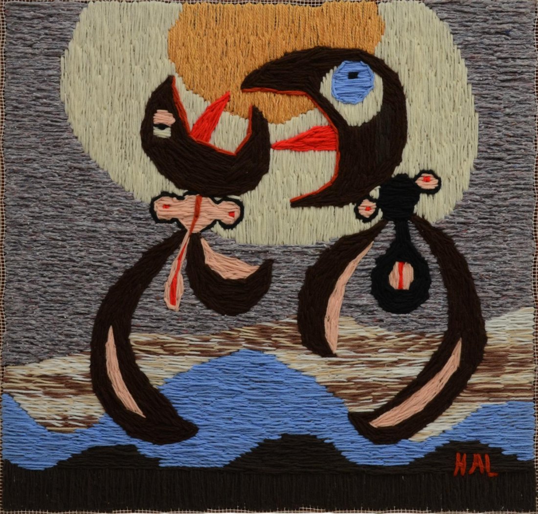 HAROLD A LAYNOR YARN WEAVING, FEEDING BABY BIRD: Framed yarn weaving, Feeding Baby Bird, woven initials HAL, (Harold A. Laynor, New York, 1922 - 1991), approx 25.25"h, 24.25"w, 1.5lbs Start Price: $100.00