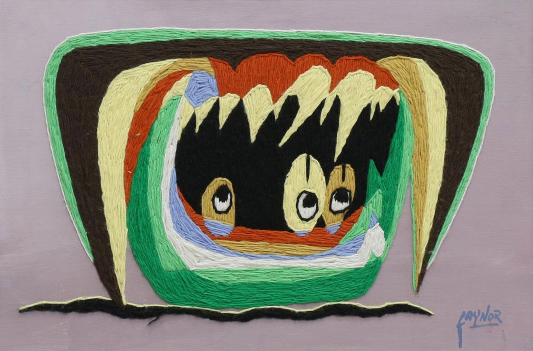 HAROLD A. LAYNOR, BABY BIRDS, MIXED MEDIA: Framed mixed media, "Baby Birds", stitched and painted on canvas, signed lower right Laynor, (Harold A. Laynor, New York, 1922 - 1991) , titled on label verso, sight: 15.5"h, 23.5"w, overall: 16.25"h,