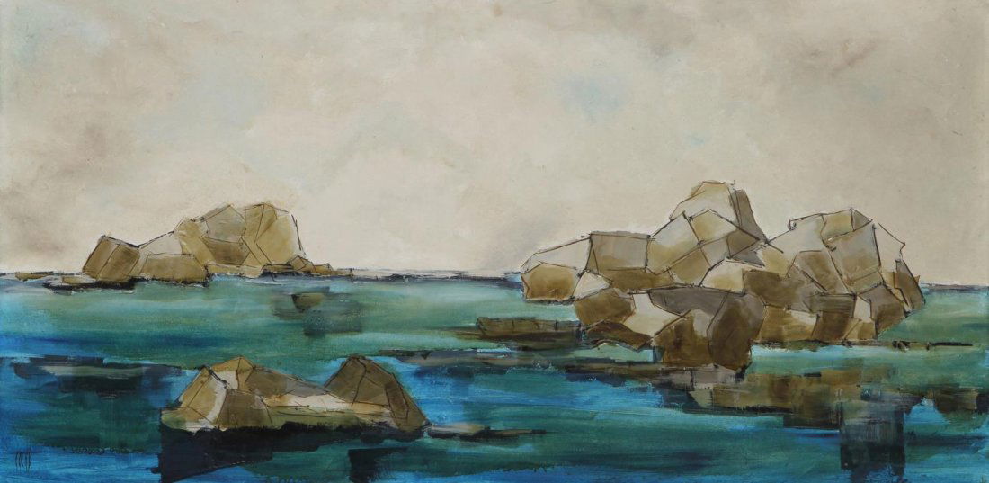 SIGNED CUBIST SEASCAPE PAINTING: Framed cubist oil painting on masonite, Seascape with Rocks, signed lower left Cocke, sight: 23.5"h, 47.5"w, overall: 28"h, 52"w, 10.25lbs Start Price: $100.00