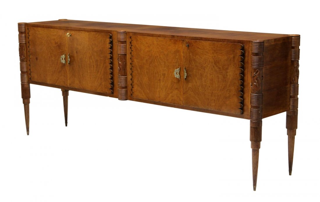 ITALIAN MODERN SIDEBOARD, PIERLUIGI COLLI: Italian mid-century modern oak sideboard, design by Pierluigi Colli (1895-1968), a long rectangular top over four doors with brass pulls opening to shelved storage, all rising on turned and spool legs