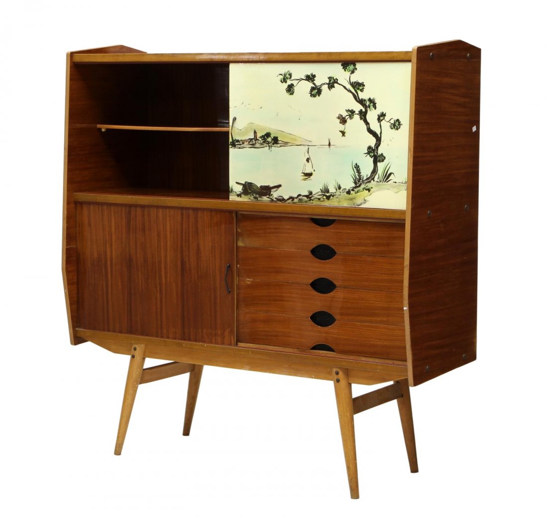 ITALIAN MID-CENTURY MODERN DESIGN BAR CABINET: Italian mid-century modern design mahogany bar cabinet, c. 1960, a single sliding laminated door with boat scene conceals mirrored bar storage and is situated beside open shelved display, the lower ca