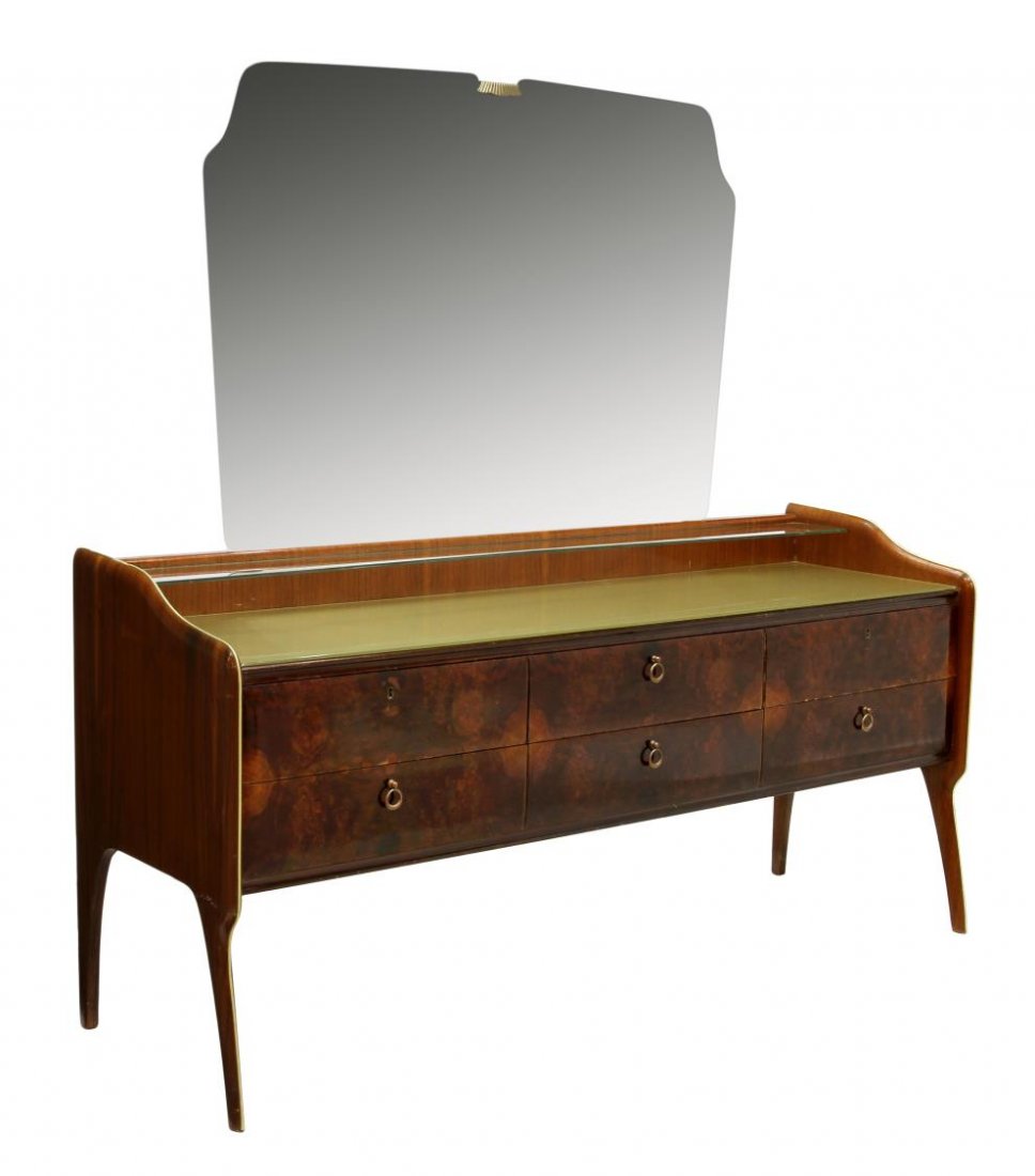 ITALIAN MID-CENTURY MODERN MIRRORED COMMODE: Italian mid-century modern commode, c. 1950, the rectangular mirror over the inset glass top with narrow glass shelf, four burl faced drawers, all rising on angular legs, 66"h, 68.5"w, 22"d Start Pric