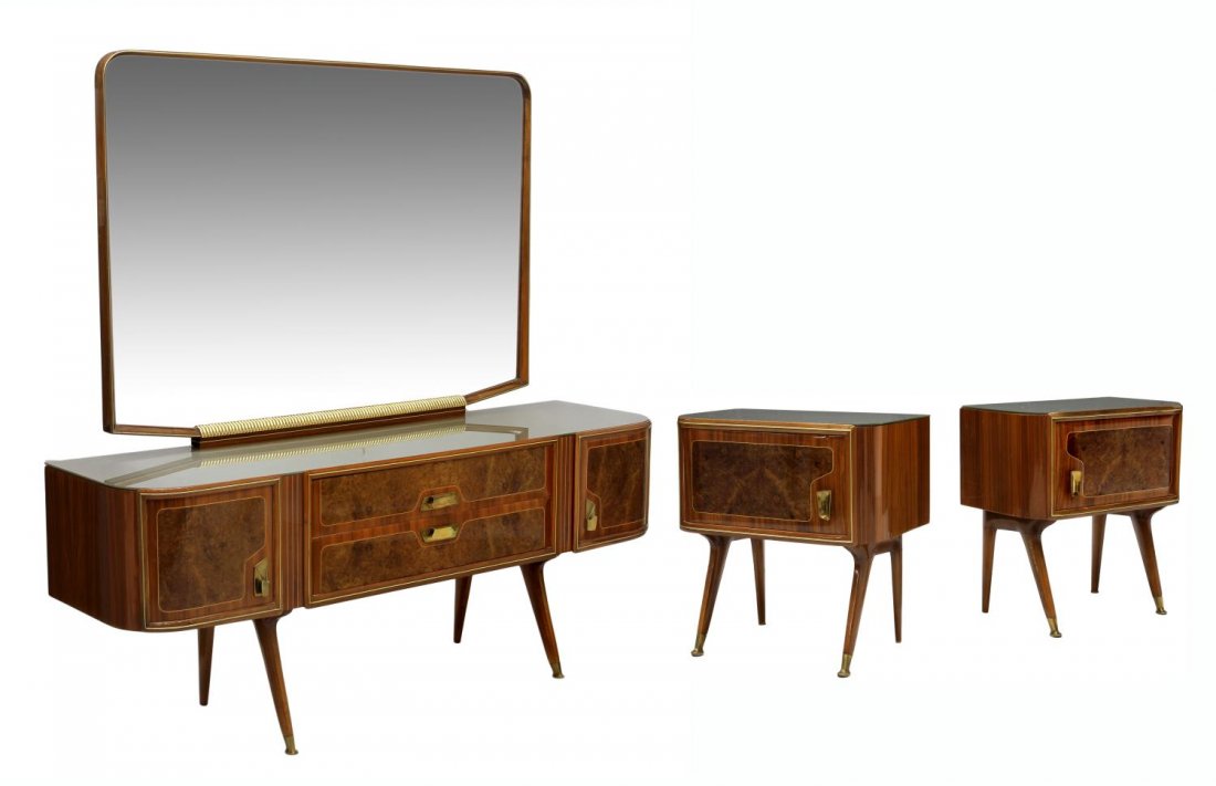 (3) MID-CENTURY MODERN COMMODE & BEDSIDE CABINETS: (lot of 3) Italian mid-century modern mirror back commode, c. 1950, design by Carlo De Carli ( Italy, 1910-1999), the rectangular glass top with curved front ends over two central door with flanking d