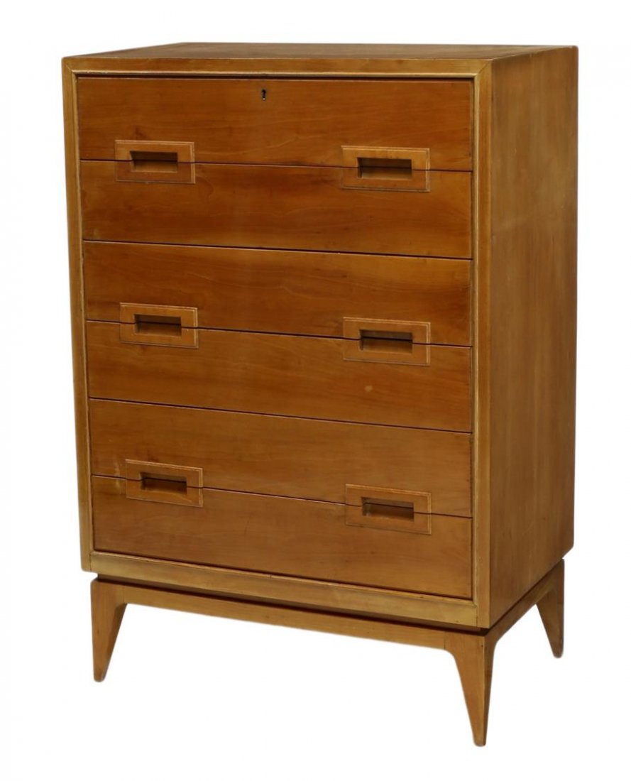 ITALIAN MID-CENTURY CHEST, MANNER OF GIO PONTI: Italian mid-century modern chest of drawers, design in the manner of Gio Ponti (1891-1971), a maple finish with six drawers having inset pulls, rising on tapered legs, 46.25"h, 31.75"w, 19"d Start Pri