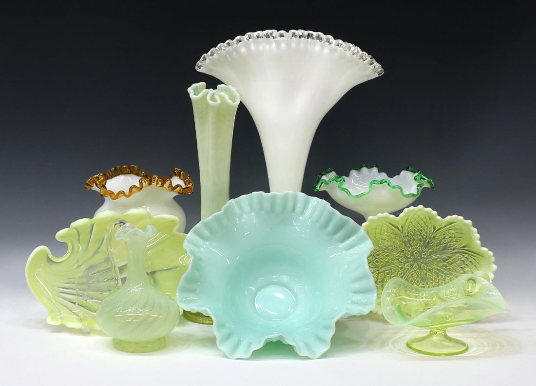 (9) VINTAGE FENTON & OTHER ART GLASS CABINET WARE: (lot of 9) Vintage Fenton and other art glass cabinet ware including (1) large ruffled vase, white with flared colorless rim, (5) assorted opalescent vaseline glass bowls and a vase, (1) light blue ho
