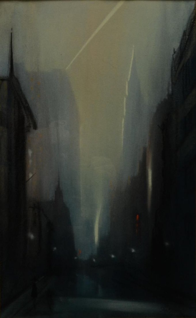 LEON DOLCIE (1892-1960), NEW YORK NIGHT STREET: Framed pastel painting on paper, New York Night Street, signed lower right, Leon Louis Dolcie (Austrian, American, 1892-1960), sight: 18.5"h, 11.5"w, overall: 27.25"h, 19.25"w, 6lbs Start Price: $300.