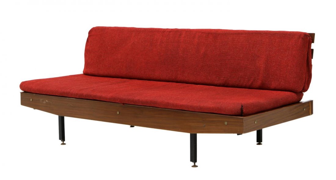 ITALIAN MID-CENTURY MODERN SLEEPER SOFA: Italian mid-century modern sleeper sofa, c. 1950's, a slat back with cushion over the long cushion, the base slides out creating a bed 58"d, 73"d, some tears in fabric, rising on square black steel le