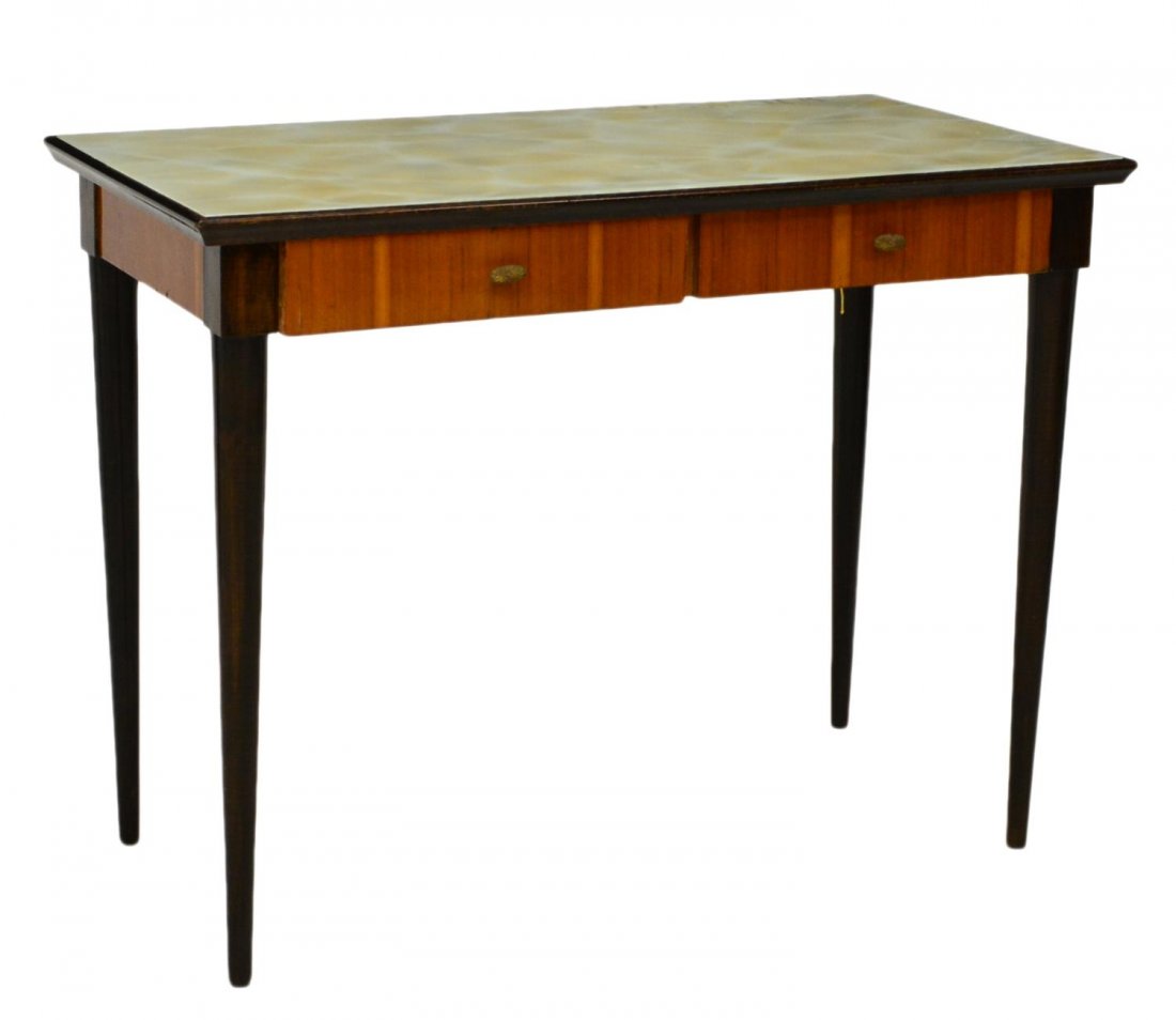FRENCH GLASS TOP WOOD & EBONIZED HALL TABLE: French hall table, c. 1970, faux onyx top, over two aligned drawers, raised on ebonized legs, some loss to glass top paint, approx. 30.5"h, 40"w, 20.5"d Start Price: $100.00