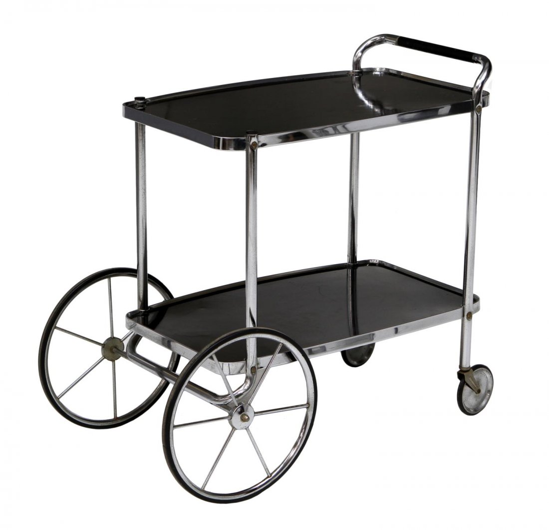 HAMILTON COSCO CHROME STEEL TWO TIER CART: Hamilton Cosco two tier service cart, the chrome steel frame having black enamel shelves rising on wheels, retaining sticker and mark to base, approx 31"h, 27"l, 17"d Start Price: $50.00