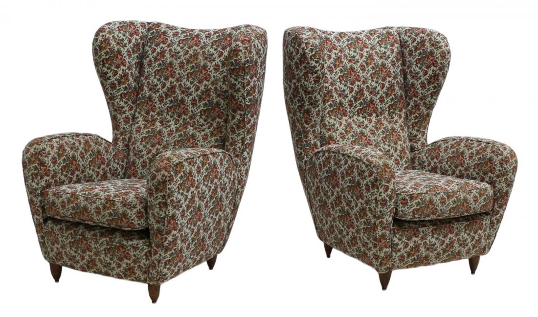 (2) ITALIAN MID-CENTURY MODERN WINGBACK ARM CHAIRS: (lot of 2) Italian mid-century modern wingback arm chairs, 1950's, tall chairs with recent floral pattern upholstery, loose cushion, rising on short tapered turned legs, 40.5"h, 31"w, 27"d Start Price