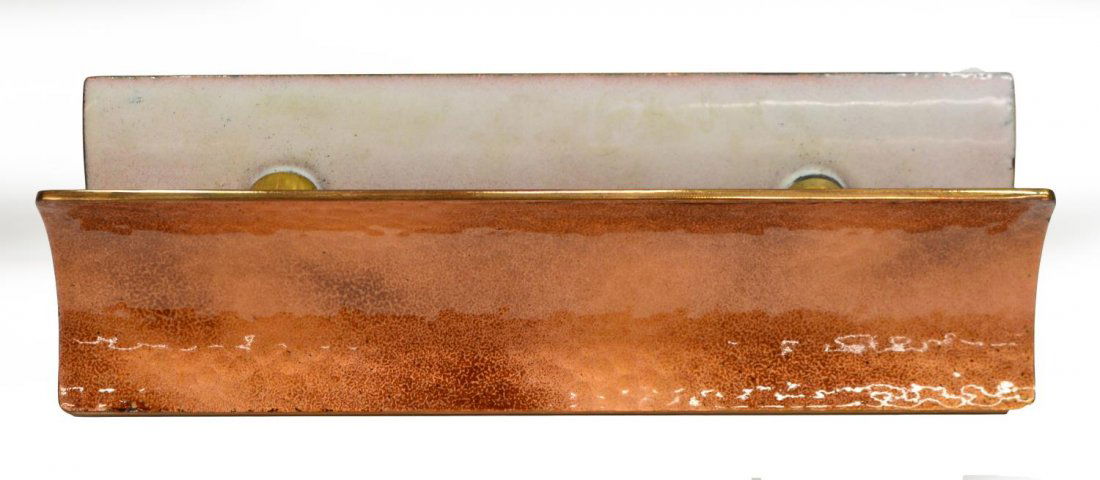 (PR)ITALIAN ENAMELED COPPER DOOR HANDLE, GIO PONTI: (pair) Italian orange enameled copper architectural handles, c. 1950, design by Gio Ponti (Italian, 1891-1979) and Paolo de Poli (Italian, 1905-1996), shown joined together the rectangular curved hand