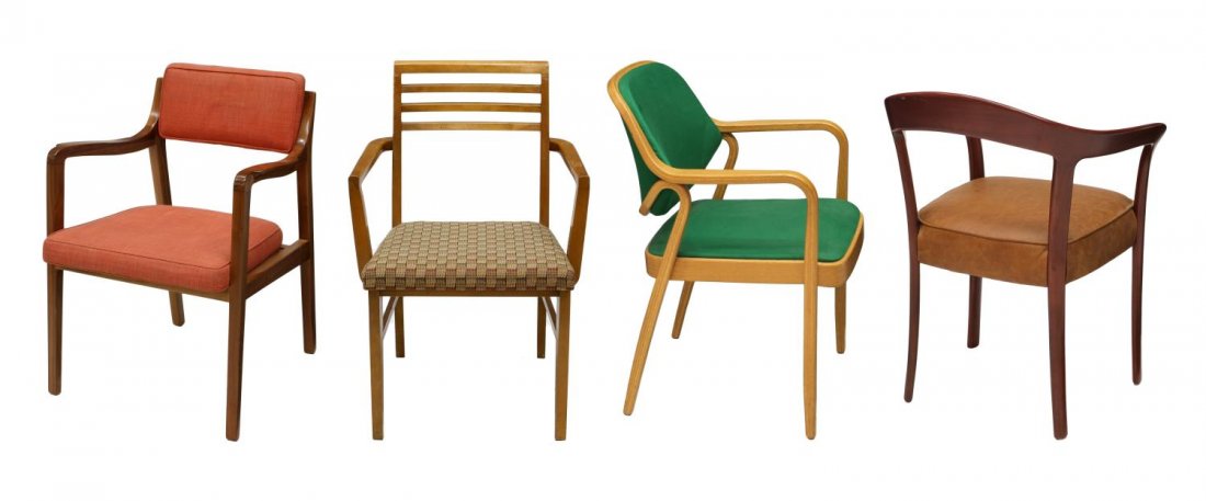 (4) MODERN CHAIRS, DUNBAR, ROHDE, PETTIT: (lot of 4) Modern chairs: (1) Arm chair, design by Roger Sprunger (1920-2008) for Dunbar, padded back over the padded seat, shaped arms, tapered square legs, Dunbar tag at underside, 31.25"h, 23"w, 24