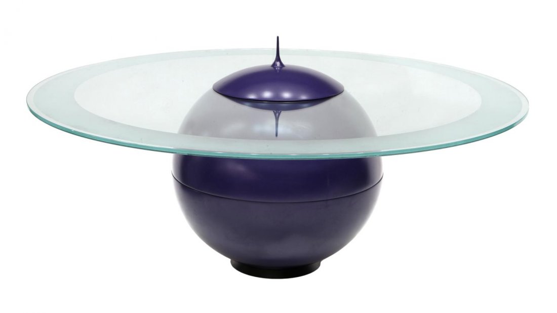 ALLESANDRO MENDINI MODERN PLANET DINING TABLE: Italian modern I Soli dining table, c. 1990, design by Alessandro Mendini (Milan, b. 1931) for Studio Alchimia, c. 1990, lacquered blue wood body on black circular base with sand blasted etched circul