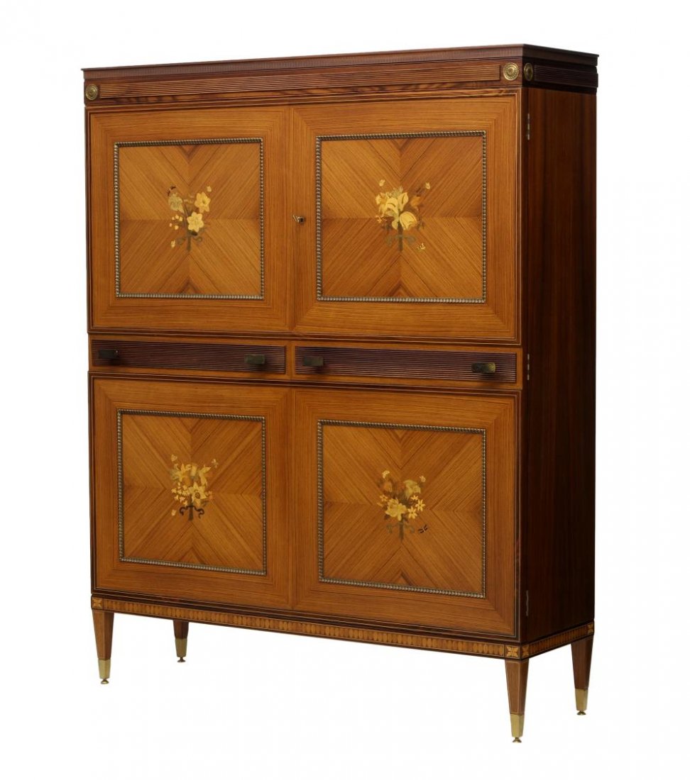 PAOLO BUFFA , MARELLI & COLICO, GIUSEPPE ANZANI: Italian mid-century modern fitted cabinet, design by Paolo Buffa (Italian, 1903-1970) for Marelli & Colico, Cantu, Italy, shown at La Permanente, Mobili, Cantu with labels at interior, two doors with