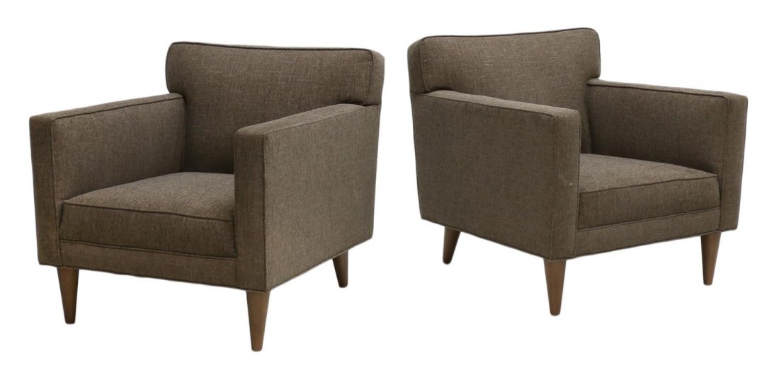(2) WORMLEY DUNBAR MODERN ARM CHAIRS: (lot of 2) Dunbar arm chairs, design by Edward Wormley (American, 1907-1995), reupholstered in later fabric, rising on tapered turned legs, not marked, 29"h, 28.5"w, 33"d Start Price: $600.00