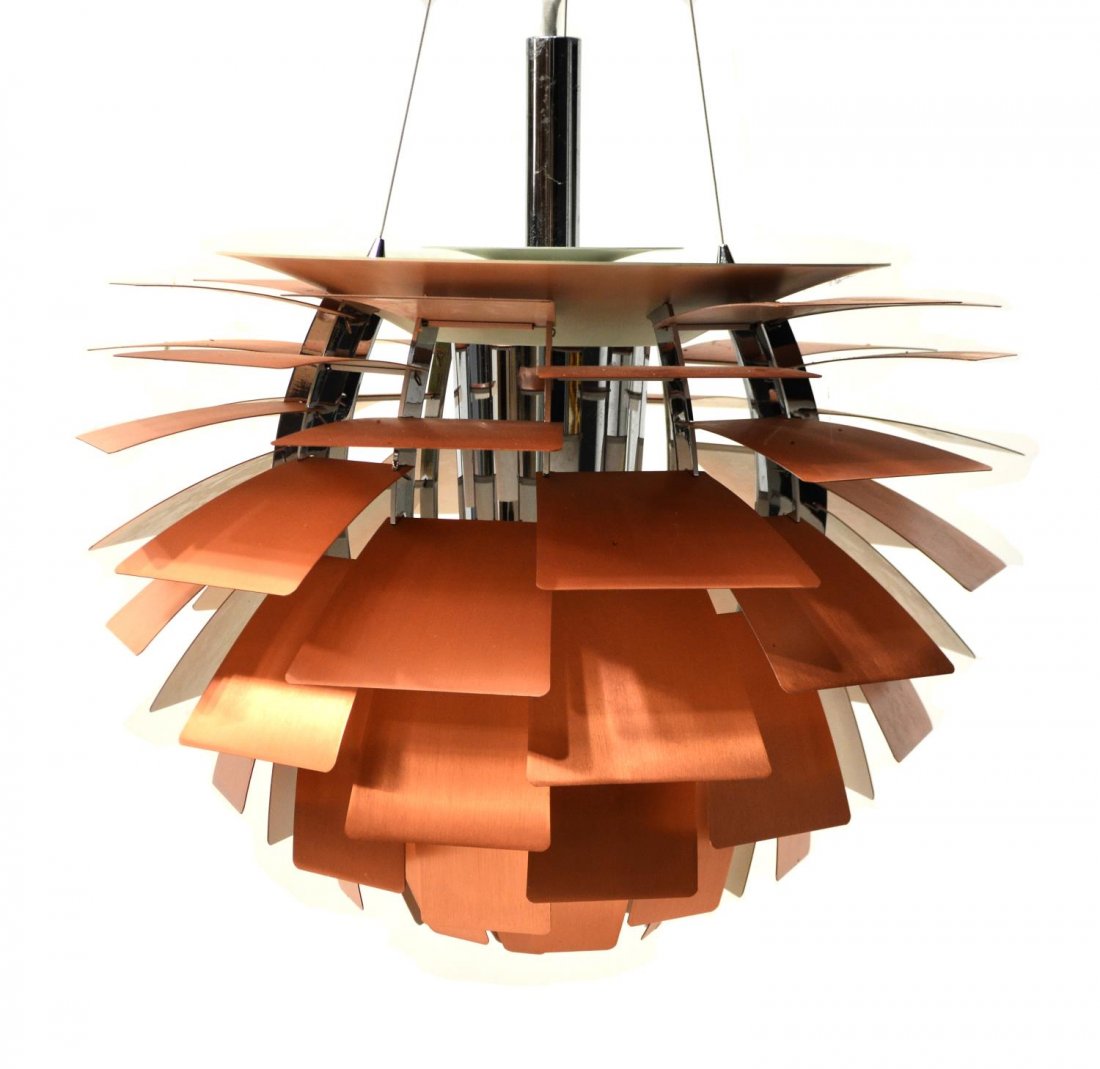 SIGNED HENNINGSEN ARTICHOKE LAMP, COPPER LEAVES: Danish hanging luminaire, the PH 'Artichoke' lamp, originally designed in 1958 by Poul Henningsen (1894-1967), Louis Poulsen Inc., executed in a stainless steel finish with numerous copper finish leav