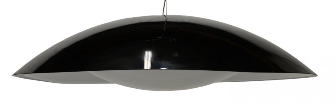 ITALIAN KARTELL 'NEUTRA' HANGING LAMP, LAVIANI: Italian contemporary poly carbonate one light "Neutra" ceiling lamp, 2008, design by Ferruccio Laviani (Italian, b. 1960) for Kartell, a black dome with white base shade enclosing one light suspended