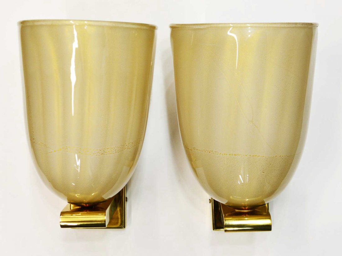 (2) ITALIAN MURANO ART GLASS ONE LIGHT WALL SCONCE: (pair) Italian Murano art glass one light wall sconces, c. 1970, design by Barovier, a gilt metal wall mount holding a ribbed gold flecked glass shade housing one light, in need of wiring, approx 10"h