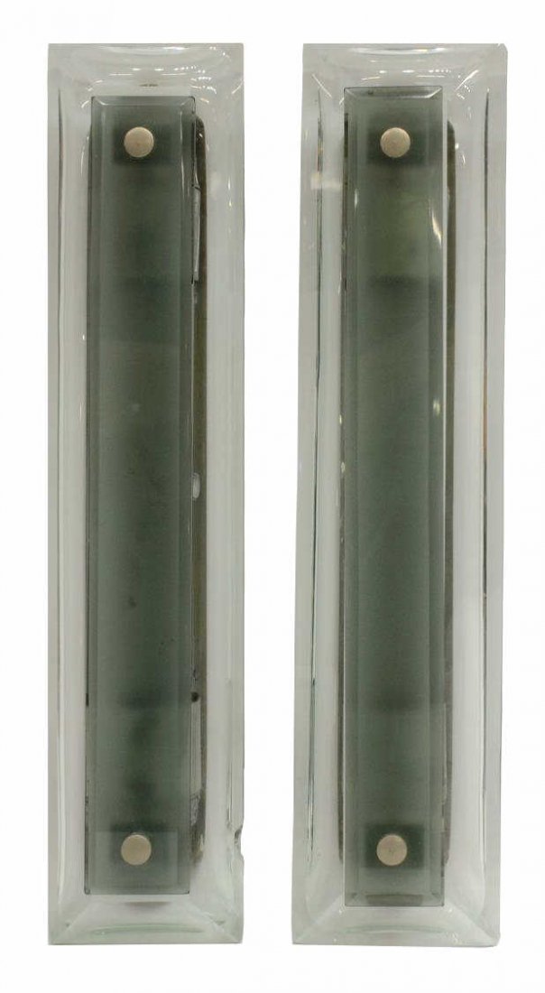 (2) CONTINENTAL MODERN GLASS WALL LIGHTS SCONCES: (pair) Continental modern glass two-light sconces, c. 1970, standard mount holding two lights fronted by rectangular glass shade, one with small chip to edge, in need of wiring, 14.75"l, 3"w, 4.25lbs