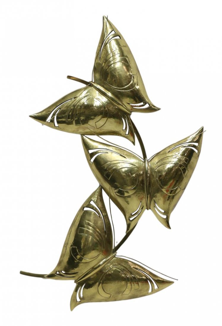 BRASS WALL SCULPTURE LAMP, BUTTERFLIES: Modern sculptural design wall lamp, curved base holding three lights fronted by three butterflies with pierced design, approx 38.5"h, 23"w, 19lbs Start Price: $80.00