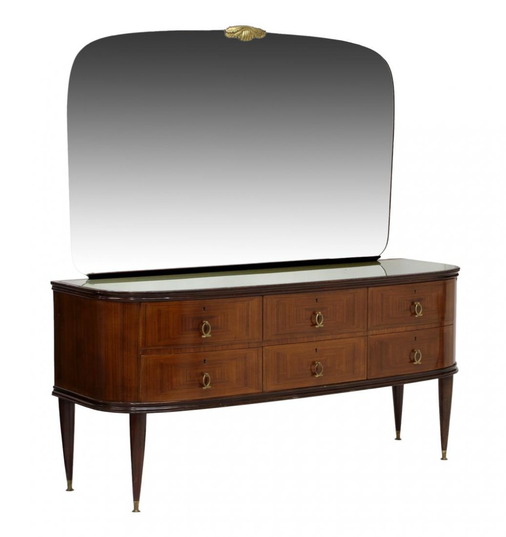 ITALIAN MID-CENTURY MODERN MIRRORED COMMODE: Italian mid-century modern commode, 1950's, a central mirror over the inset glass top, six drawers curving at each end, rising on tapered legs with brass capped feet, tags of Espoizione Permanente Mob