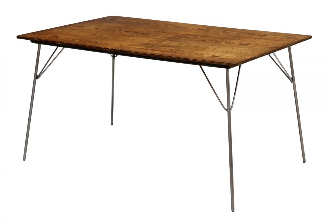 EAMES HERMAN MILLER FOLDING LEG TABLE, 1950'S: Charles & Ray Eames for Herman Miller folding leg table with plywood top, four folding chrome-plated legs, some finish loss on legs, 28.5"h, 54"l, 34"d Start Price: $150.00