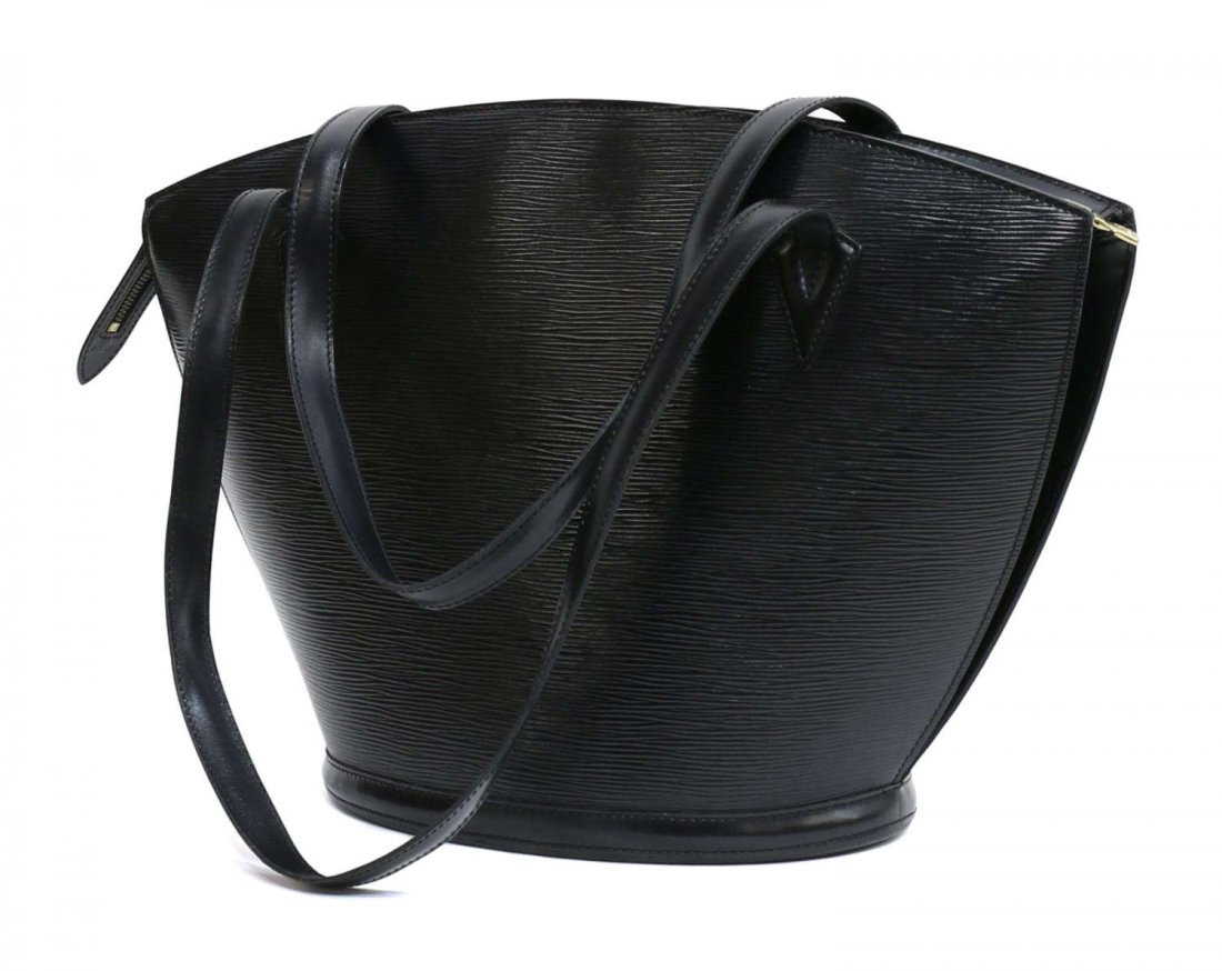 LOUIS VUITTON ST JACQUES BLACK EPI LEATHER PURSE: Louis Vuitton black Epi leather "Saint Jacques" shoulder bag, zipper closure opening to gray alcantara lining and a single zip pocket, light wear to interior, bag: approx 12"h, 17.5"l, 6.75w, 1.5lb to