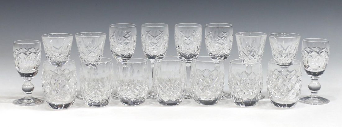 (17)WATERFORD CUT CRYSTAL BARWARE: (lot of 17) Waterford cut crystal barware, comprising: (7) glasses, in the 'Lismore' pattern, (four) cordials, approx 3.5"h, (three) shot glasses, approx 2.5"h; (2) cordials, in the 'Kerry' pattern, a