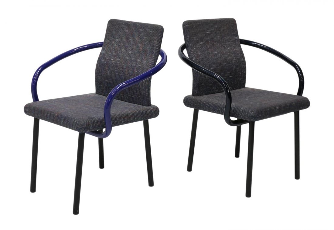 (2) KNOLL 'MANDARIN' ARM CHAIRS, ETTORE SOTTSASS: (lot of 2) Mandarin arm chairs, design by Ettore Sottsass (Italian, 1917-2007) for Knoll, tubular frame, one in dark blue, the other in light blue, retaining Knoll tags at underside, scratches to pain