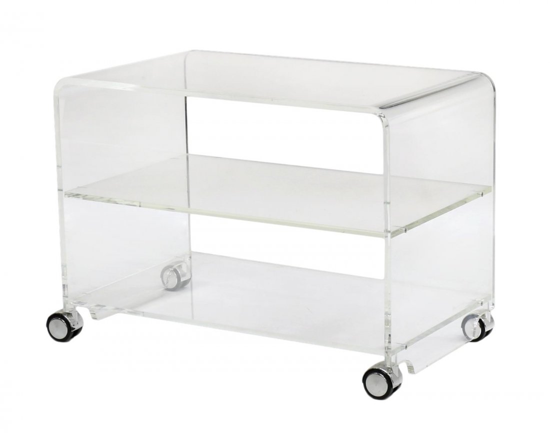 ITALIAN MODERN DESIGN TIERED PLEXI SERVICE TROLLEY: Italian modern design plexiglass service cart, c. 1970, tiered trolley moving on wheels, approx 18.5"'h, 25.5"w, 15"d Start Price: $150.00