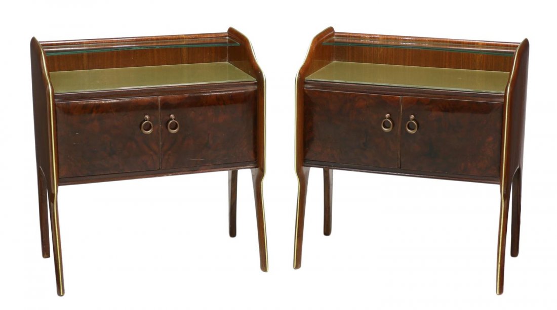 (2) ITALIAN MID-CENTURY MODERN SIDE CABINETS: (pair) Italian mid-century modern side cabinets, c. 1950, a small glass shelf over a painted top, burled cabinet doors, gilt metal lined sides continue to splayed legs, one glass panel with fracture t