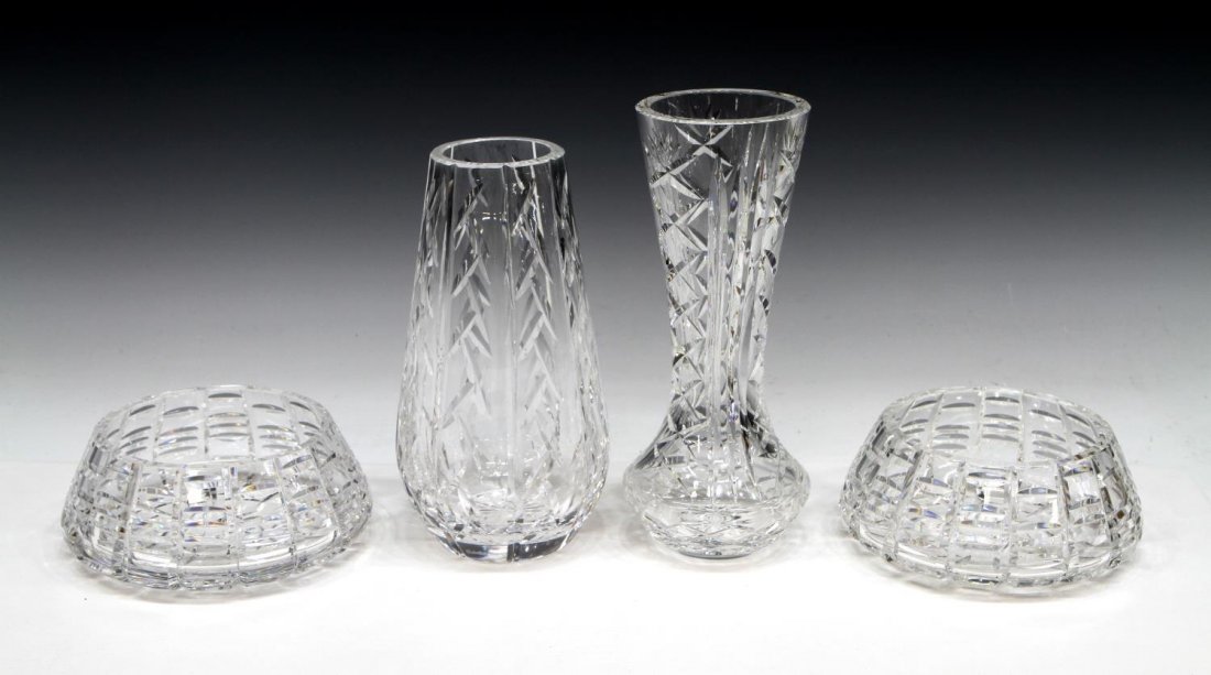 (4) WATERFORD FANCY CUT CRYSTAL BOWLS & VASES: (lot of 4) Waterford cut crystal table items: (2) tapered salad bowls, horizontal cut pattern, approx 3"h, 7"diam; (1) tapered vase, vertical cut decor, approx 9"h; (1) vase having a flared rim, cross