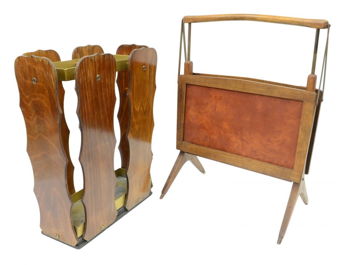 ITALIAN MID-CENTURY MAGAZINE RACK & UMBRELLA STAND: (lot of 2) Italian mid-century modern household items: (1) magazine holder, c.1950, wood frame with expandable faux-leather sides, indent to leather on one side as pictured, 23"h, 18"w; (1) umbrella h