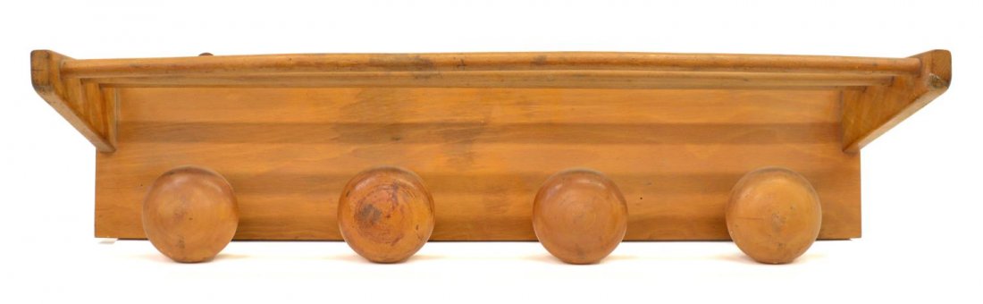 ITALIAN MID-CENTURY MODERN WOODEN HANGING RACK: Italian mid-century modern wooden hanging hat rack, c. 1950, frame with open upper rack and four hooks, marked Fraber to back, approx 8"h, 31.25"w, 8.25"d, 4.25lbs Start Price: $60.00