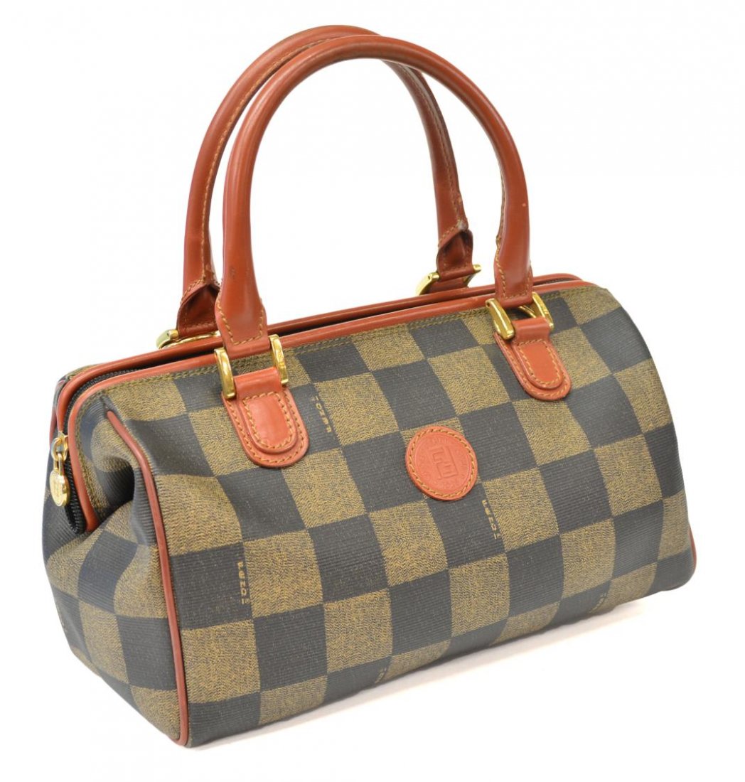FENDI BROWN & BLACK CHECKERED HANDBAG: Fendi handbag in brown and black checkered canvas, two brown leather handles with matching piping, brown leather logo on front, gold tone hardware, top zipper opens to black leather interior featuring