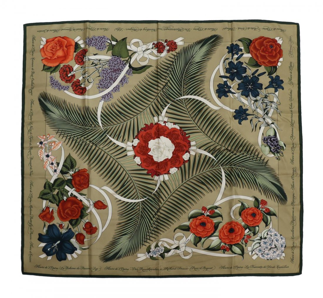 HERMES 'FLEURS DE L'OPERA' SILK SCARF: Hermes "Fleurs de l'Opera" silk scarf, design by Julia Abadie, assorted flowers on a beige ground, scarf approx: 35"l, 35"w, .25lbs Start Price: $100.00