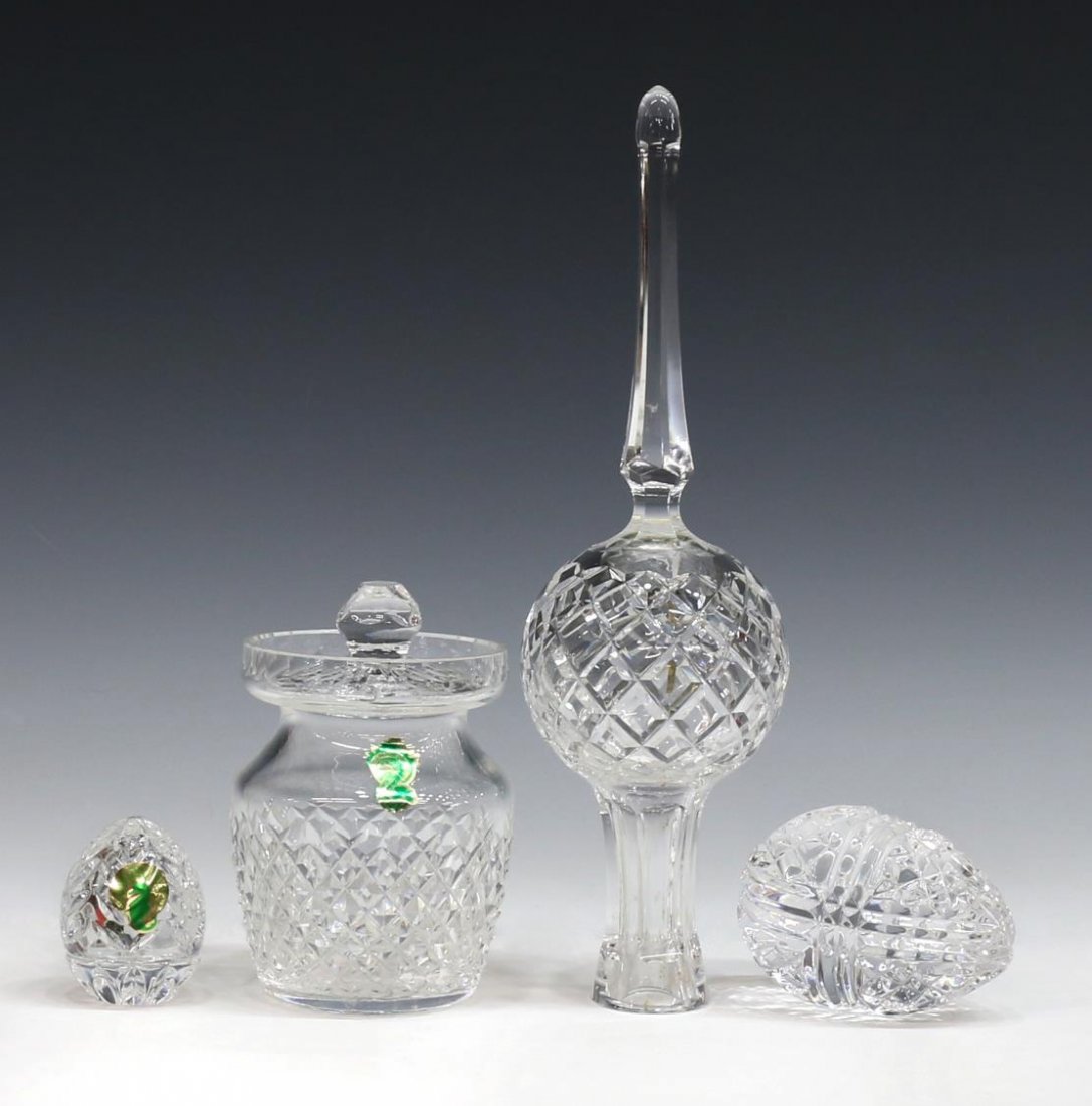 (4) WATERFORD CRYSTAL TREE TOPPER & TABLE ITEMS: (lot of 4) Waterford cut crystal decorative items: (1) Waterford Crystal Jewels, The World Within Collection, "Egg with Robin", retaining original sticker and box, 2.25"h; (1) tree topper in original