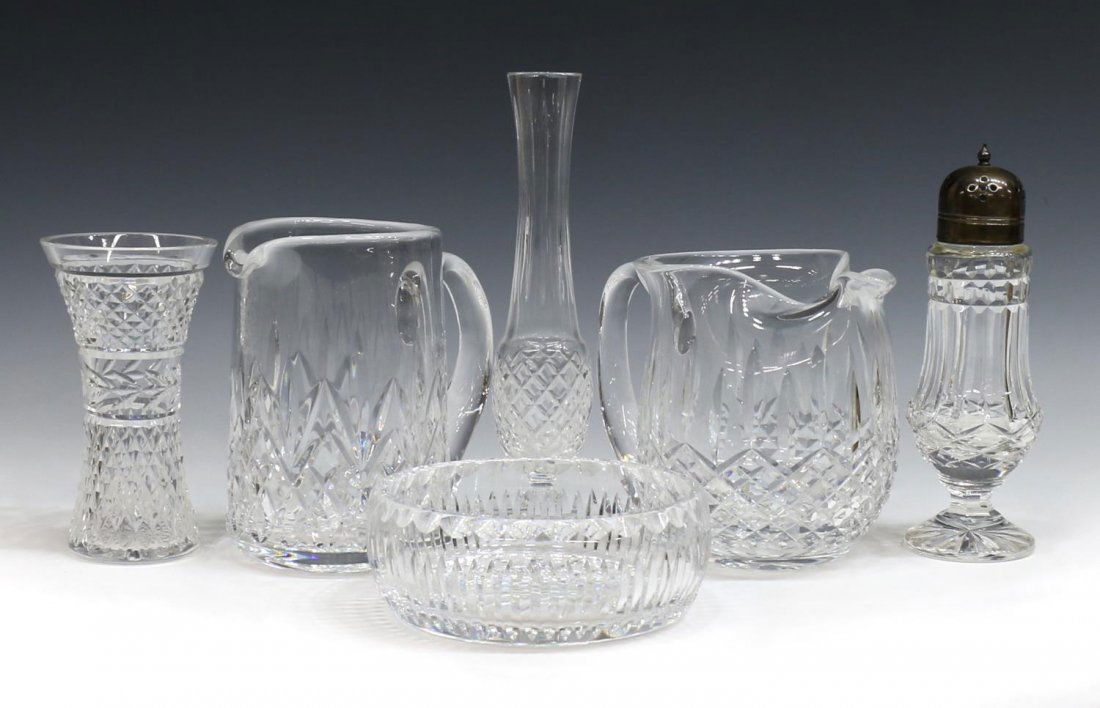 (6) COLLECTION WATERFORD CUT CRYSTAL TABLE ITEMS: (lot of 6) Waterford cut crystal table items: (1) bud vase with diamond pattern and foot, approx 9.25"h; (1) sugar shaker and lid, approx 8"h; (1) round bowl with vertical cut pattern, approx 2.25"h;