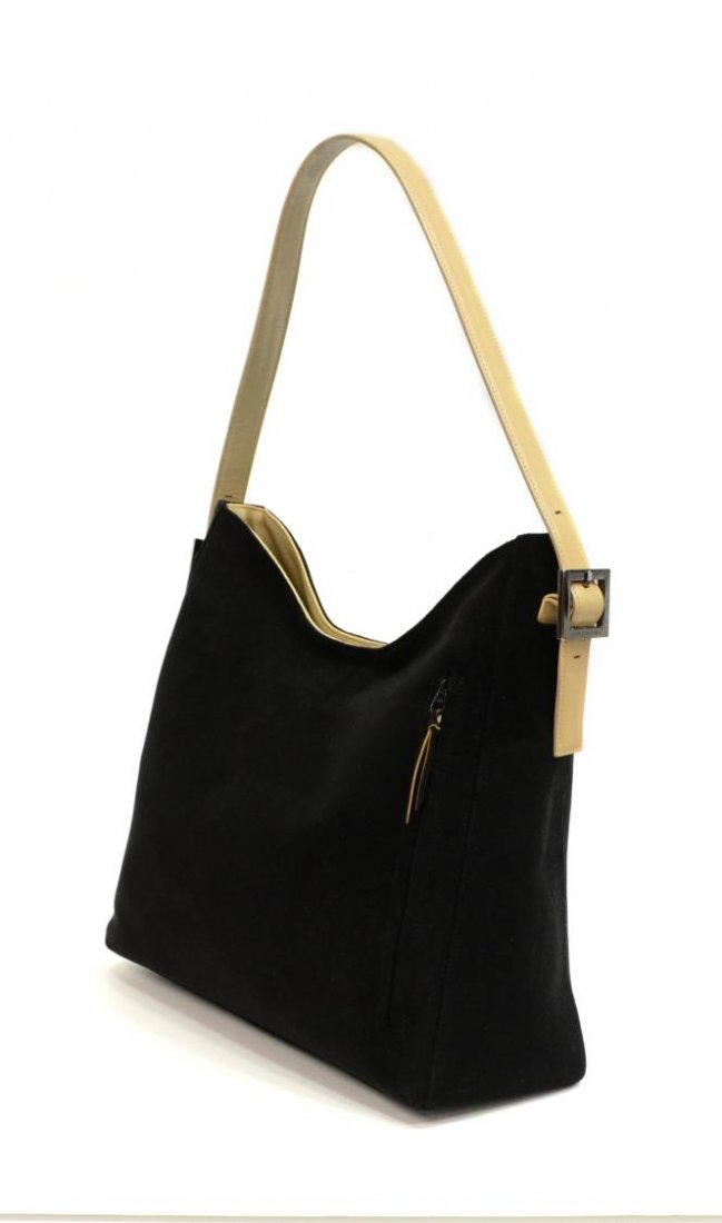 GIVENCHY BLACK SUEDE & TAN LEATHER HANDBAG: Givenchy black suede handbag with light tan leather handle, silver tone hardware, exterior YKK zipper pocket, magnetic clasp, tan cloth interior with silver tone G logo, matching tan cloth cosmetics b