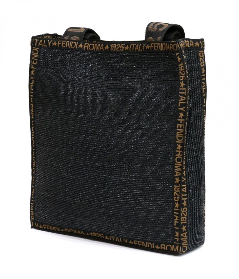 FENDI BLACK CANVAS & STRAW TOTE BAG: Fendi tote bag in black canvas and straw, two handles, gilt magnetic clasp, black canvas interior, dust bag included, tote bag: 13"h, 12"l, 3"w, 1lb Start Price: $80.00
