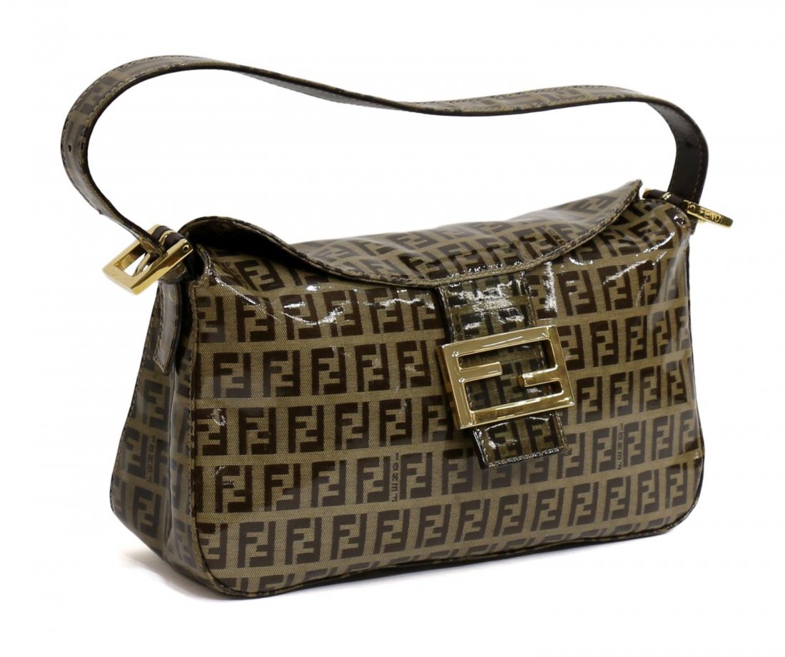 FENDI ZUCCA PATTERN COATED CANVAS HANDBAG: Fendi "Zucca" pattern handbag in coated canvas with brown leather strap, gold tone hardware, top opens to brown cloth lined interior featuring single zipper pocket, includes dust bag, handbag: approx