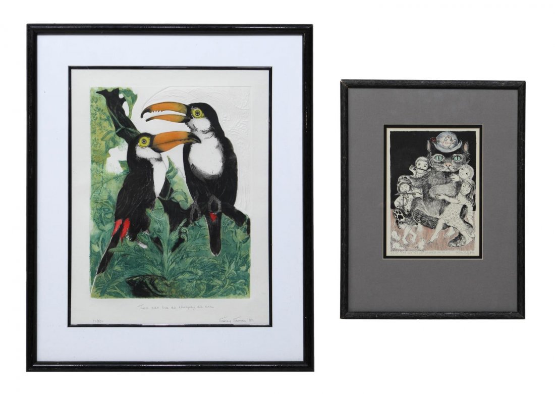 (2) FRAMED PRINTS, NANCY NEMEC, HELEN SIEGL: (lot of 2) Framed art: (1) intaglio relief print, "Two Can Live as Cheaply as One", #35 of 350, pencil signed, dated lower right Nancy Nemec (Nancy Lewis Nemec, American, 1923-2003), sight: 19"h, 15"w