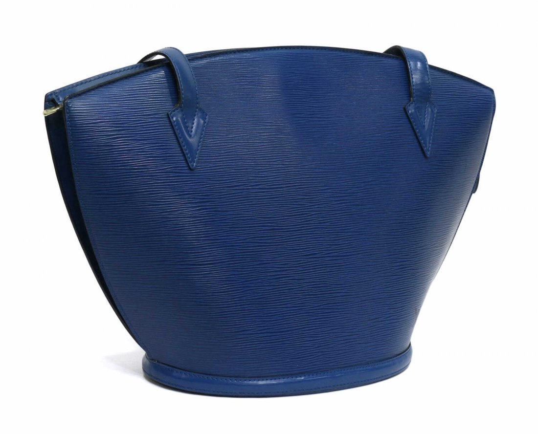LOUIS VUITTON ST JACQUES BLUE EPI LEATHER PURSE: Louis Vuitton blue Epi leather "Saint Jacques" shoulder bag, zipper closure opening to blue alcantara lining and a single zip pocket, light wear to interior, bag: approx 12"h, 17.5"l, 6.75w, 1.5lb tot