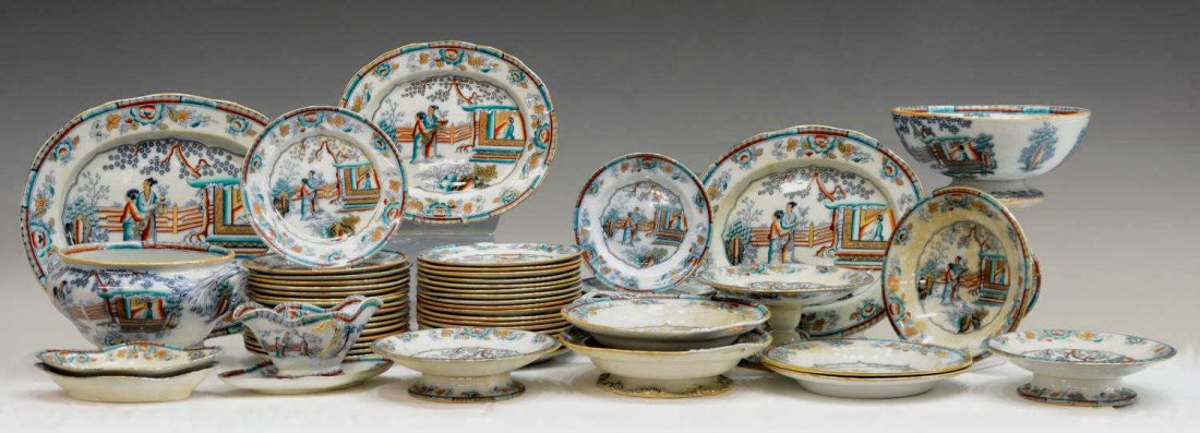 CONTINENTAL FIGURAL ASIAN SCENE DINNER SERVICE: (lot of 63) Continental porcelain dinner service, polychrome Asian figural scene enclosed by blossoming flowers ,comprising: (35) dinner plates, small rim flake on one, 1"h, 9"w; (12) luncheon plates,