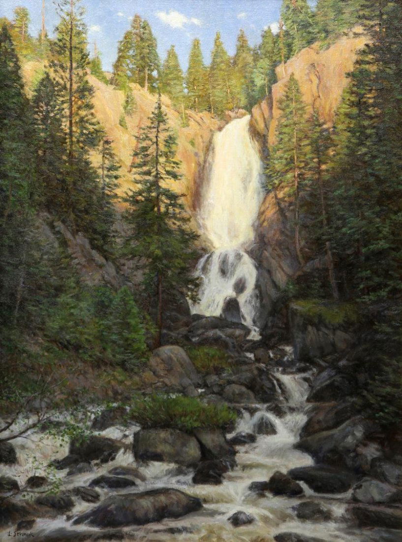 LEE STRONCEK (b. 1952), FISH CREEK FALLS, COLORADO: Framed oil painting on canvas, "Evening Light, Fish Creek Falls", signed lower left L. Stroncek (Lee Stroncek, American, b. 1952), signed, titled, dated 2002 on verso canvas, sight: 31.5"h, 23.5"w, ov