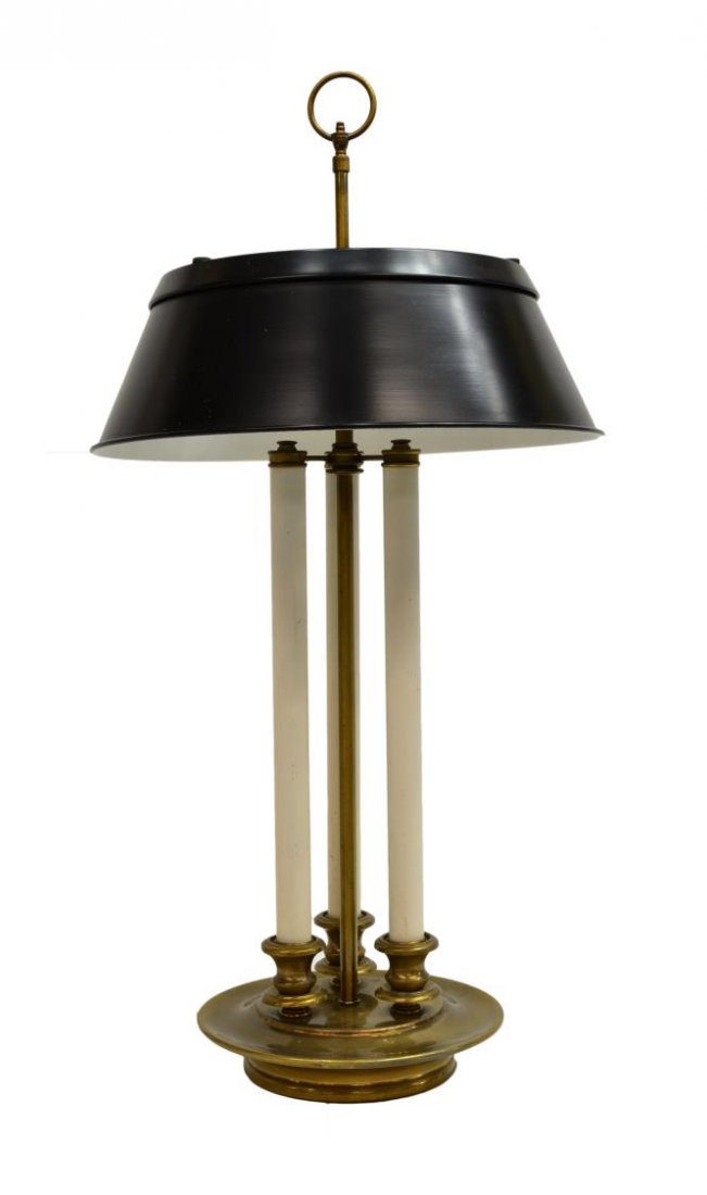 THEA TABLE LAMP BY FREDERICK COOPER: Thea table lamp by Frederick Cooper, circular black angled metal shade, two lights a central brass support surrounded by white columns, rising on a circular base, overall: 28.5"h, 14.5" diameter, 9.5l