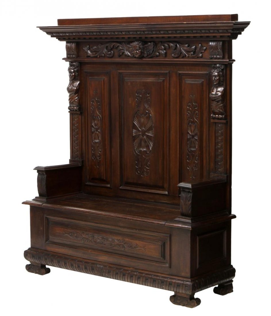 ITALIAN RENAISSANCE REVIVAL HALL BENCH, 19TH C.: Italian Renaissance Revival hall bench, 19th c., a protruding cornice with carved foliate and winged putti frieze, three back panels with incised carving flanked by lady figures, a bench seat with arm