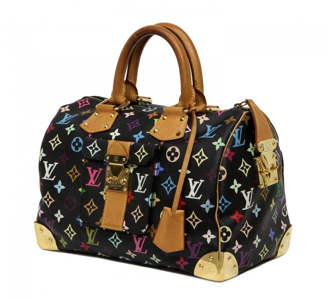 LOUIS VUITTON SPEEDY 30 BLACK MULTICOLORE PURSE: Louis Vuitton "Speedy 30" in black multicolore monogram canvas, single push lock pocket to the front, lather handles and keys for lockable top zipper, gilt metal bottom corners, Alcantara interior wit