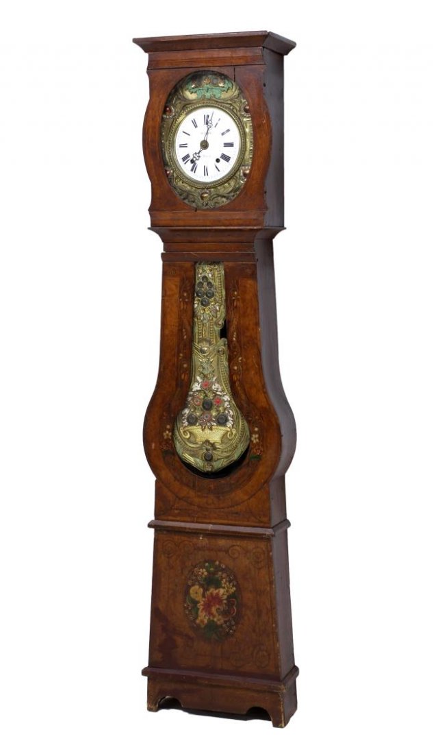 FRENCH POLYCHROME TALL CASE CLOCK, 19TH C.: French pine tall case grandfather clock, 19th c., a protruding cornice above a glazed door enclosing the brass repousse framed porcelain dial with Roman numerals and marked 'Oliver a' bourg", double w